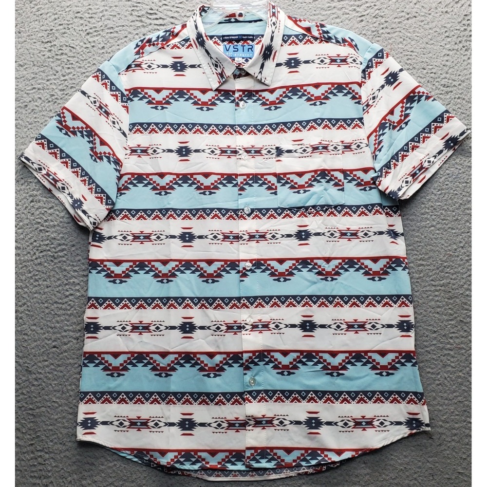VSTR Shirt Mens Small Multi Aztec 4 Way Stretch Easy Care Chest Pocket Button Up